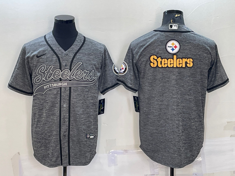Men's Pittsburgh Steelers Grey Team Big Logo With Patch Cool Base Stitched Baseball Jersey